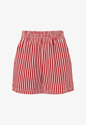 Punavalkoiset pystysuora raidalliset shortsit, joissa on joustava vyötärönauha ja suora helma.