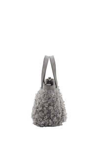 Gray handbag with a textured, curly wool exterior and smooth leather straps, featuring a rounded shape and metallic hardware at the top.