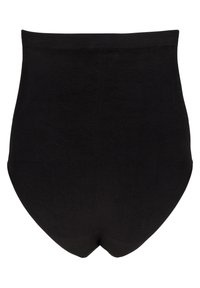 Högmidjade svarta trosor i mjukt tyg, med en slät yta och elastisk midjeband. Designen har inga synliga sömmar på baksidan.
