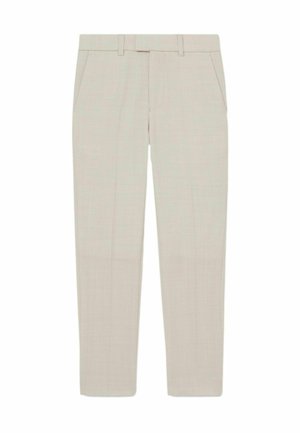 Pantalon beige sur mesure avec jambes droites, passants de ceinture, poches avant et fermeture frontale dissimulée.
