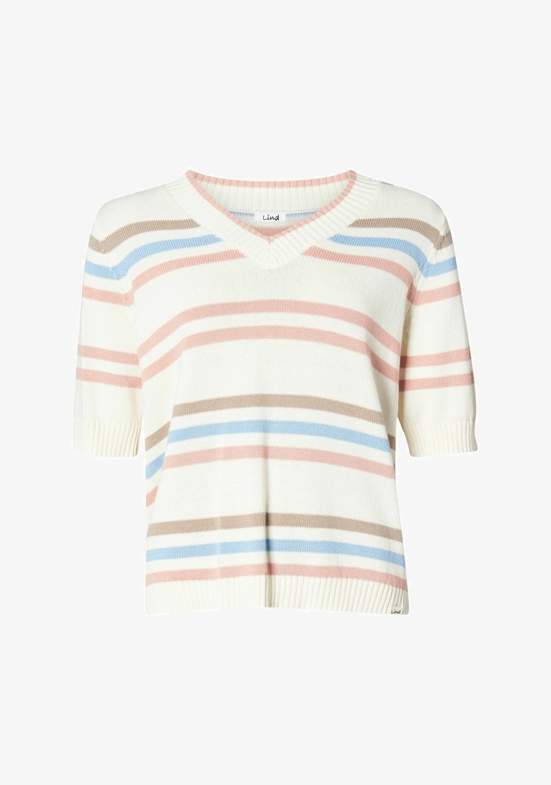 Kurzärmeliger V-Ausschnitt-Pullover in cremigem Weiß mit horizontalen Streifen in Rosa, Blau und Braun. Strukturiertes Strickmuster mit gerippten Bündchen und Saum.