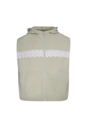 Veste sans manches à capuche beige clair avec fermeture éclair à l'avant et bande décorative en dentelle blanche sur la poitrine.