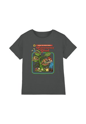 Dark gray shirt with cartoon showing a girl feeding a large carnivorous plant with people inside its open mouths. Text reads "How to feed your Carnivorous Plant."