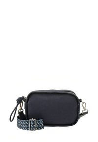 Navyblaue Umhängetasche aus strukturiertem Material, mit Reißverschluss und einem gemusterten, gewebten Riemen mit Metallschnalle.