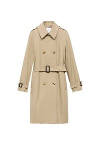 Cappotto beige con design doppiopetto, spalline, vita con cintura e dettagli a bottoni sui polsini.