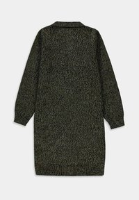 Pletené šaty ve tmavě zelené barvě, obsahující límec, dlouhé rukávy a žebrované manžety a lem. Texturovaná tkanina s jemným vzorem.