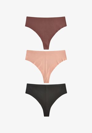 Súprava troch bezšvových dámskych tang v hnedej, broskyňovej a čiernej farbe, zobrazená vertikálne na bielom pozadí.