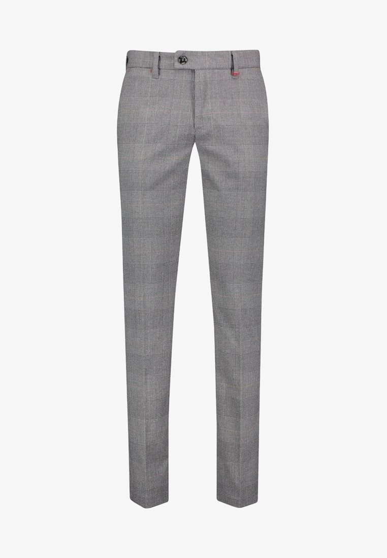 Pantalon slim gris pour homme avec motif à carreaux subtil, fermeture à boutons et passants pour ceinture.