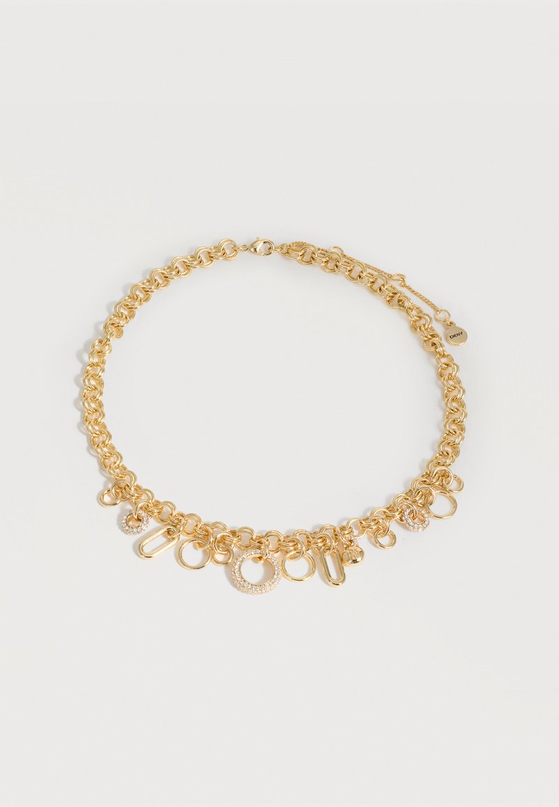 Χρυσό κολιέ με αλληλοσυνδεόμενους κρίκους και διάφορα κυκλικά και οβάλ στοιχεία, μερικά διακοσμημένα με μικρές κρυστάλλινες πέτρες.