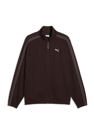 Chaqueta deportiva marrón oscuro con cremallera, ribetes blancos en las mangas y pequeño logo blanco de Puma en el pecho, mostrada plana sobre fondo blanco.