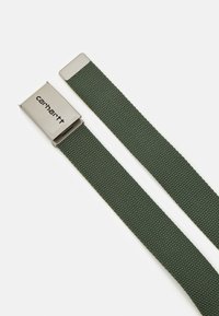 Zelený tkaný pás s hladkou kovovou obdélníkovou sponou, na které je vyražený název značky "Carhartt". Odolný a texturovaný design.