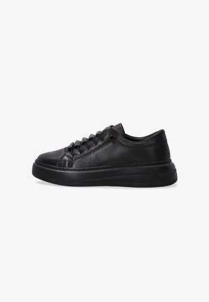 Black leather sneakers with tonal stitching, round toe, lace-up design, and textured rubber sole for grip and support.
