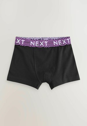 Zwarte boxershorts met een paarse, patroonachtige tailleband waarop het woord "NEXT" in het wit staat. Gemaakt van een gladde, rekbare stof.
