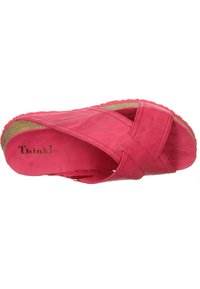Pink leather sandal with cross straps, cork footbed, and textured sole. Features brand logo "Think!" embossed on the interior.