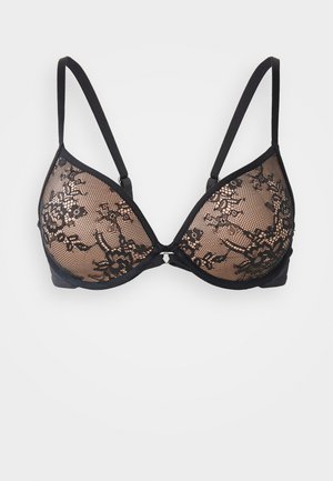 Sutien negru din dantelă, cu un overlay din plasă transparentă cu modele florale, suport cu arcuri, bretele ajustabile și închidere cu cârlig și ochi.