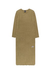 Langes, geripptes, olivgrünes Kleid aus strukturierter Strickware, mit Rundhalsausschnitt und kleinem Logo an der unteren Seite.