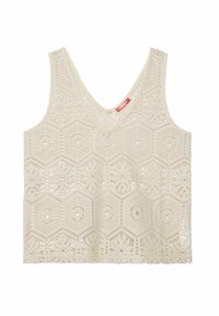 Koronkowy top bez rękawów w kolorze off-white z sześciokątnymi wycięciami, dekoltem w kształcie litery V i falbaniastym dołem. Miękka tekstura z detalicznym wzorem.