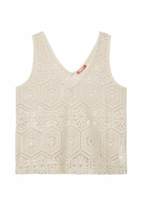 Débardeur en dentelle de couleur blanc cassé avec découpes hexagonales, design en V et ourlet en forme de scallop. Texture douce avec un motif détaillé.