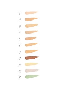 Undici strisce lunghe di fondotinta liquido in varie tonalità, che vanno dal beige chiaro al marrone scuro, con un verde menta e un giallo pallido in basso.