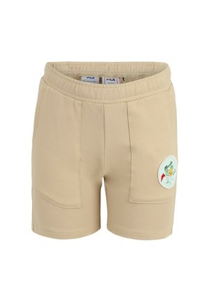Beige elastiske shorts med to forlommer og et rundt mærke med en tegneseriefigur på højre ben.