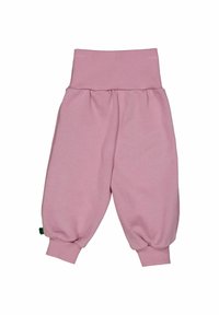 Roze, katoenen broek in een blend met een brede elastische tailleband, een laag kruis ontwerp en ribgebreide manchetten; heeft een kleine groene accenten op de zoom.