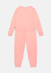 Set di felpa e pantaloni della tuta rosa realizzato in un tessuto morbido. La felpa presenta un collo rotondo e maniche lunghe; i pantaloni hanno polsini e vita elastica.