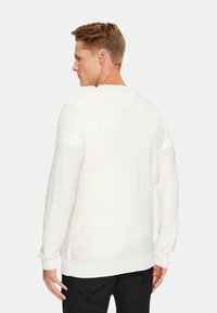 Maglione lavorato a maglia color crema con maniche lunghe, polsini e orlo a coste, e una texture sottile. Fit semplice e rilassato, vista posteriore.