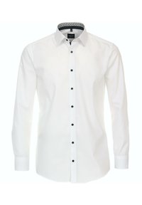 Weißes Langarmhemd mit schwarzen Knöpfen und Buttons-Down-Kragen, ausgestattet mit einem gemusterten Innenkragenfutter. Glattes, frisches Gewebe.