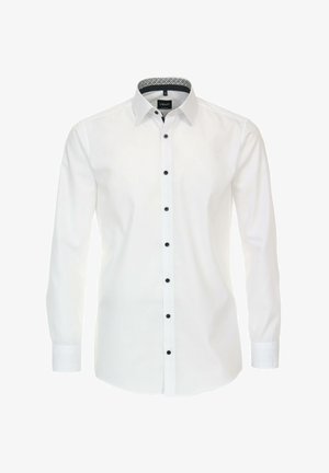 Weißes Langarmhemd mit schwarzen Knöpfen und Buttons-Down-Kragen, ausgestattet mit einem gemusterten Innenkragenfutter. Glattes, frisches Gewebe.