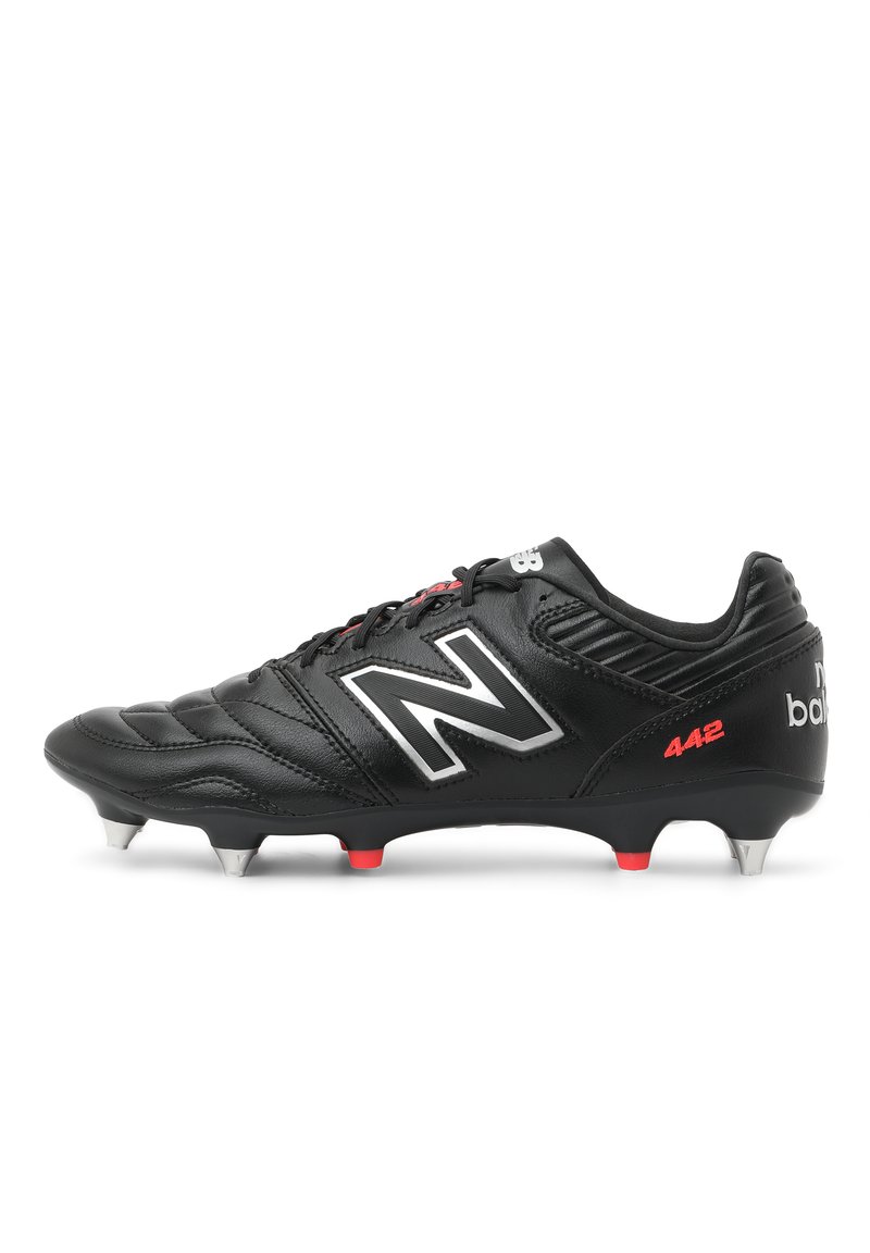 Black leather soccer cleat with red and silver accents. Features a textured upper, cushioned collar, and nine molded studs for traction.
