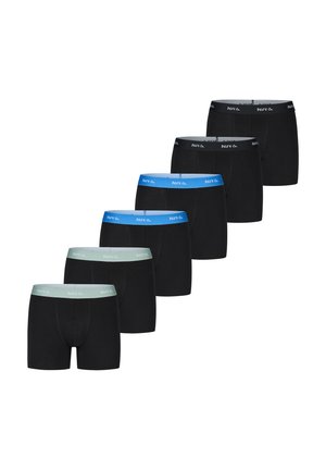 Caleçons boxers noirs en set de six, avec des ceintures de différentes couleurs : bleu clair, vert et noir avec logo. Tissu doux, design ajusté.