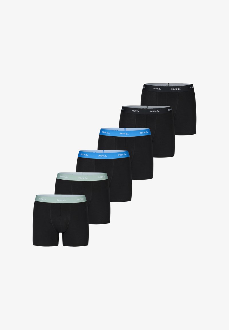 Sedm párů černých boxerek s elastickými pasy v modré a zelené barvě, vyrobených z měkké, pružné látky bez viditelných vzorů.