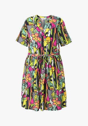 Korte mouwen jurk van kleurrijke stof met een levendig bloem- en abstract patroon in roze, geel, groen en zwart. Inclusief knopen aan de voorkant en een strik taille.