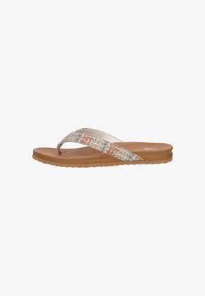 Brown flat sandal with multicolored woven fabric thong strap and cushioned footbed, side view on white background.