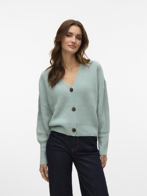 Femme aux longs cheveux bruns portant un cardigan en tricot bleu clair boutonné et un pantalon taille haute foncé, debout devant un arrière-plan uni.