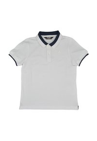 Polo bianco con colletto e bordi delle maniche blu navy. Presenta una chiusura a tre bottoni e un logo discreto sul petto. Texture del tessuto morbida.