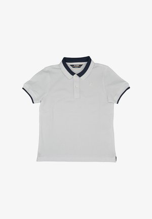 Polo bianco con colletto e bordi delle maniche blu navy. Presenta una chiusura a tre bottoni e un logo discreto sul petto. Texture del tessuto morbida.