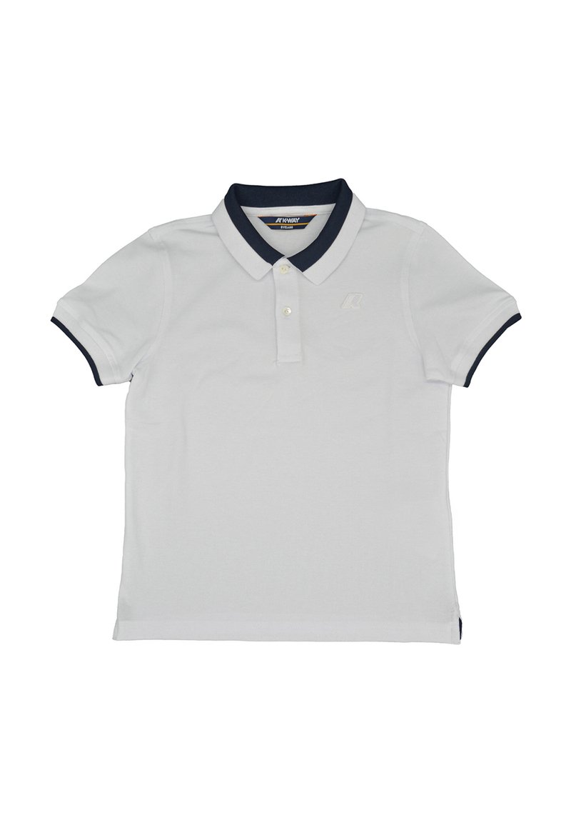 Polo bianco con colletto e bordi delle maniche blu navy. Presenta una chiusura a tre bottoni e un logo discreto sul petto. Texture del tessuto morbida.