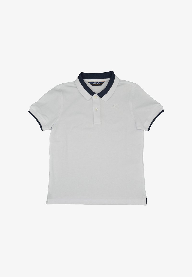 Polo bianco con colletto e bordi delle maniche blu navy. Presenta una chiusura a tre bottoni e un logo discreto sul petto. Texture del tessuto morbida.