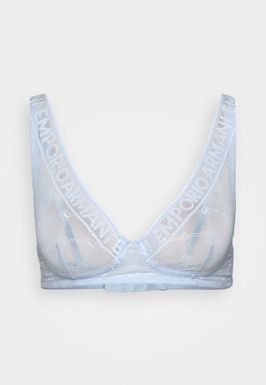 Világoskék bralette áttetsző anyagból, geometrikus mintával, a szélein logós szalaggal és puha, varrás nélküli tervezéssel.