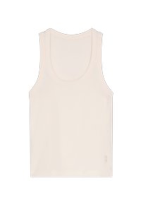 Débardeur beige côtelé sans manches avec encolure dégagée et petit logo discret près de l’ourlet inférieur sur fond blanc.