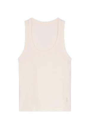 Débardeur beige côtelé sans manches avec encolure dégagée et petit logo discret près de l’ourlet inférieur sur fond blanc.