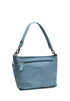 Sac à main en cuir bleu clair avec une sangle courte, une poche avant zippée et des fermoirs métalliques sur fond blanc.