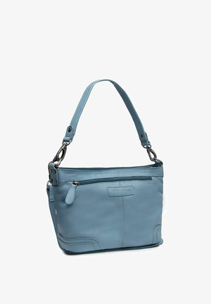 Sac à main en cuir bleu clair avec une sangle courte, une poche avant zippée et des fermoirs métalliques sur fond blanc.