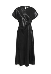 Zwarte midi-jurk met een glanzende, gestructureerde afwerking. Voorzien van een ronde halslijn, cap sleeves en een gedraaide detail bij de taille. Opening met een sleuteltje aan de achterkant.