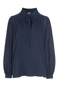 Navyblaues Blusenshirt mit hohem gerafftem Kragen, langen durchsichtigen Ärmeln und einem Bindedetail am Ausschnitt. Glatte Textur und lockere Passform.