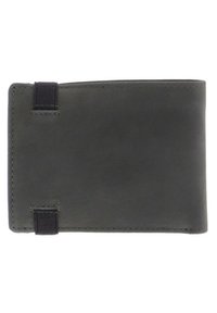 Billetera de cuero en gris oscuro, con una textura suave, un diseño minimalista y acentos de tiras elásticas en ambos extremos.