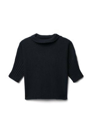 Maglione a maniche corte di un blu navy scuro, con colletto alto a coste e lavorazione a coste sulle maniche. Tessuto morbido e lavorato ai ferri con una forma squadrata.