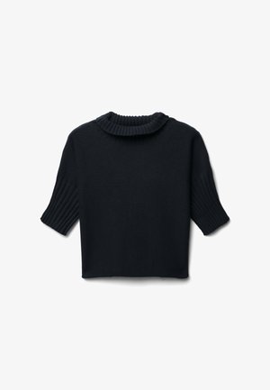 Maglione a maniche corte di un blu navy scuro, con colletto alto a coste e lavorazione a coste sulle maniche. Tessuto morbido e lavorato ai ferri con una forma squadrata.