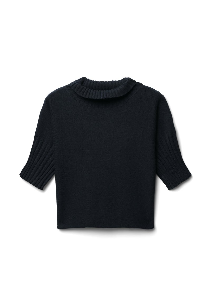 Maglione a maniche corte di un blu navy scuro, con colletto alto a coste e lavorazione a coste sulle maniche. Tessuto morbido e lavorato ai ferri con una forma squadrata.